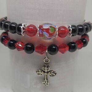 Elegant Red and Black Beaded Stretch Bracelet Set